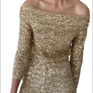 Zara Gold Sequin Off the Shoulder Long Sleeve Top